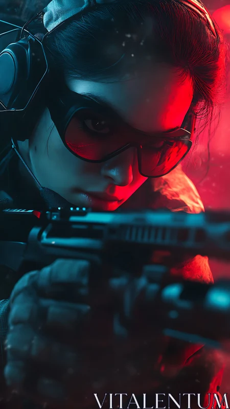 Tactical sniper portrait rendered in neon red cyan lighting
