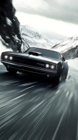 High-speed muscle car drifting across icy alpine mountain pass