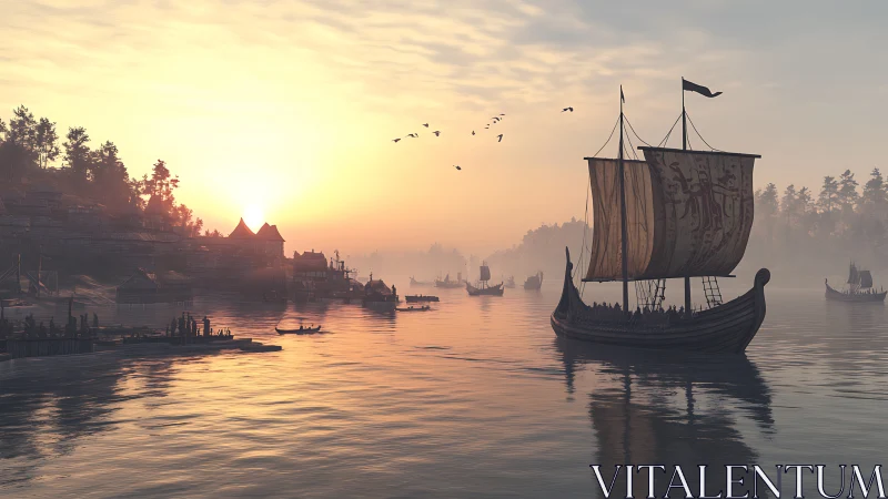 Viking longships traverse a misty coastal inlet at sunrise