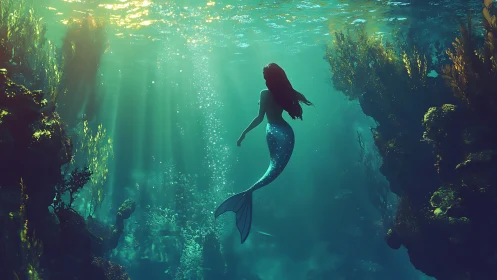 Mermaid silhouette swimming through sunlit underwater canyon.