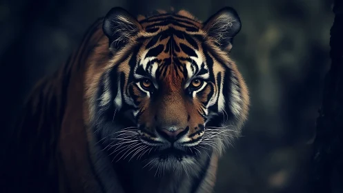 Tiger portrait with focused gaze in dim forest light.