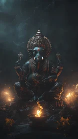 Midnight Ganesha sits in emberlit calm and molten grace