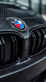 Close-up carbon fiber BMW grille with emblem and gloss reflections