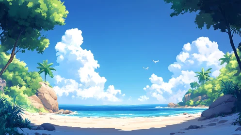 Tropical Beach Cove with Turquoise Waters and Palm Trees.