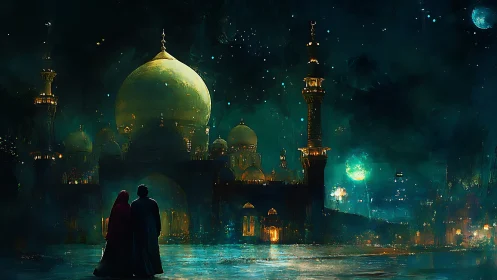 Couple observing illuminated domed city under night sky.