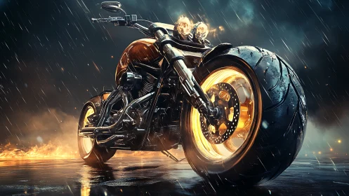Custom chopper motorcycle under rain with fiery backdrop.