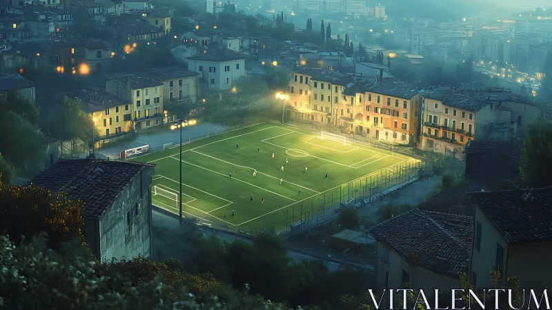 Floodlit hillside football pitch glows inside misty Italian town