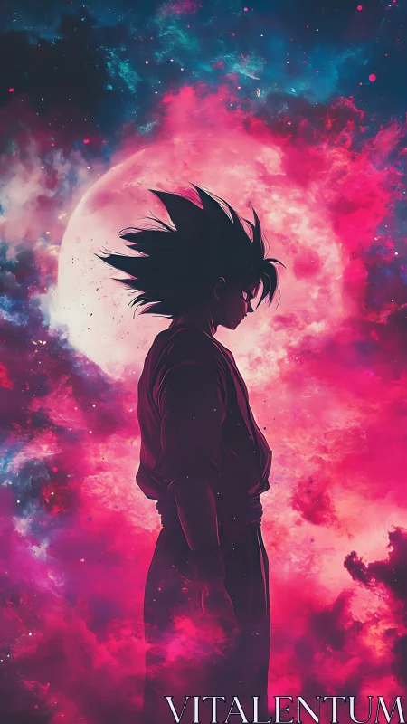 Saiyan silhouette resting beneath a glowing cosmic moon.