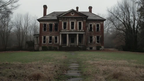 Symmetrical abandoned brick manor in foggy rural clearing