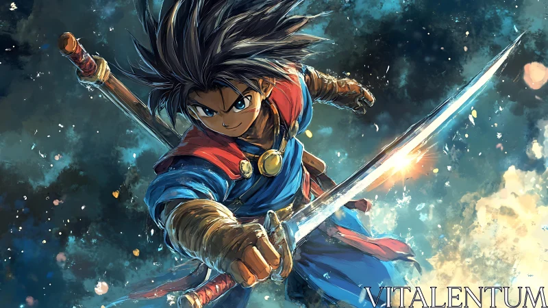 Kinetically charged anime swordsman in dynamic aerial strike.