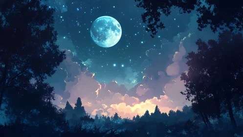 Moonlight orchestrates a forest dream above glowing clouds
