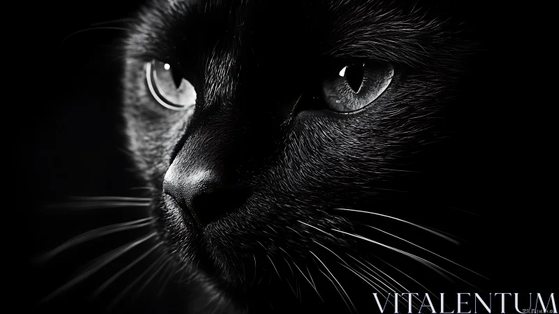 High-contrast monochromatic feline portrait with dramatic chiaroscuro and luminous ocular elements