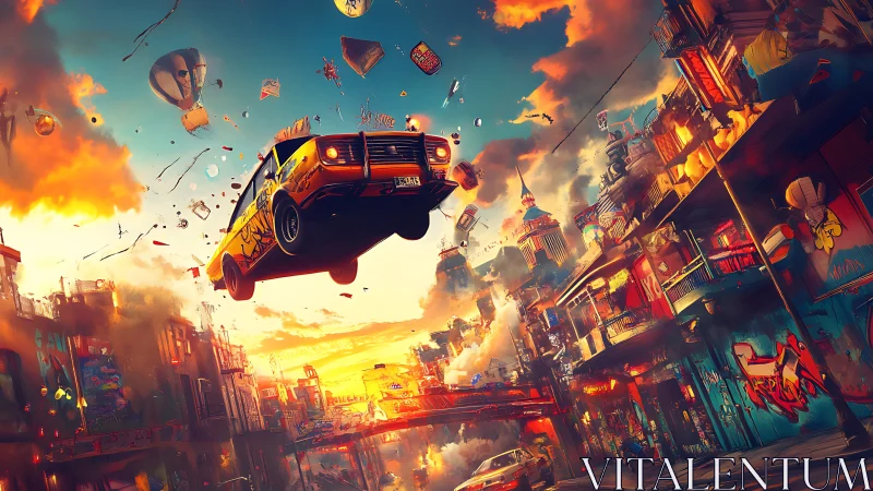 Dynamic digital painting of airborne taxi in neon cityscape.