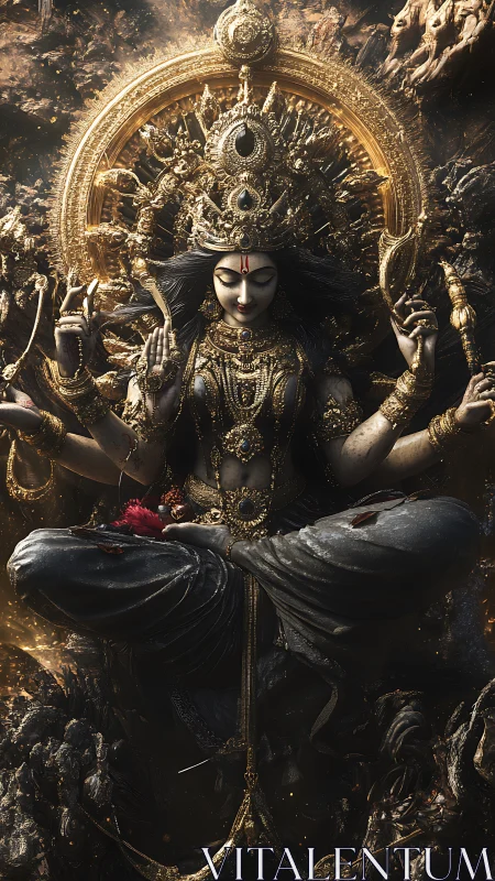 Multi-armed divine figure in ornate golden circular frame.