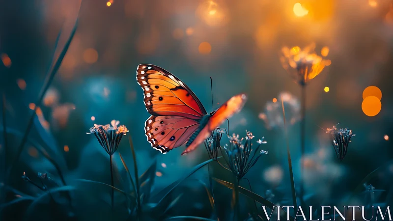 Orange butterfly rests on wildflowers in shallow depth