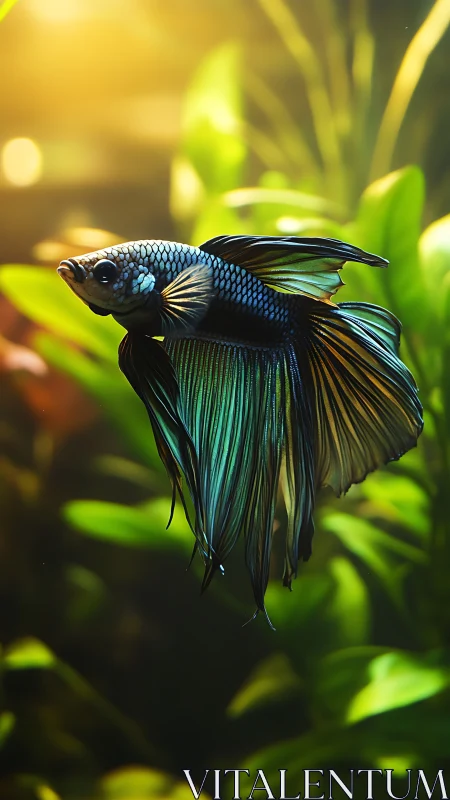 Iridescent betta fish glides through softly backlit aquatic flora