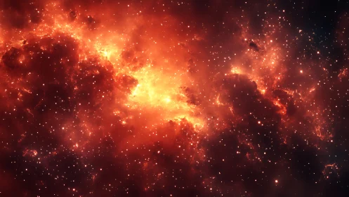 Stellar embers swirl into a blazing crimson nebula sea