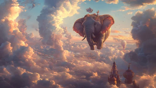 Flying elephant over baroque towers in luminous cloudscape