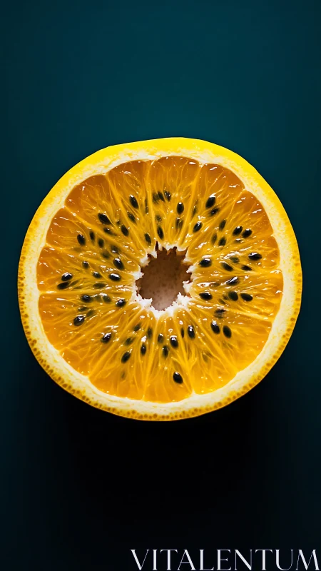 Macro cross section hybrid citrus fruit with dark central seeds