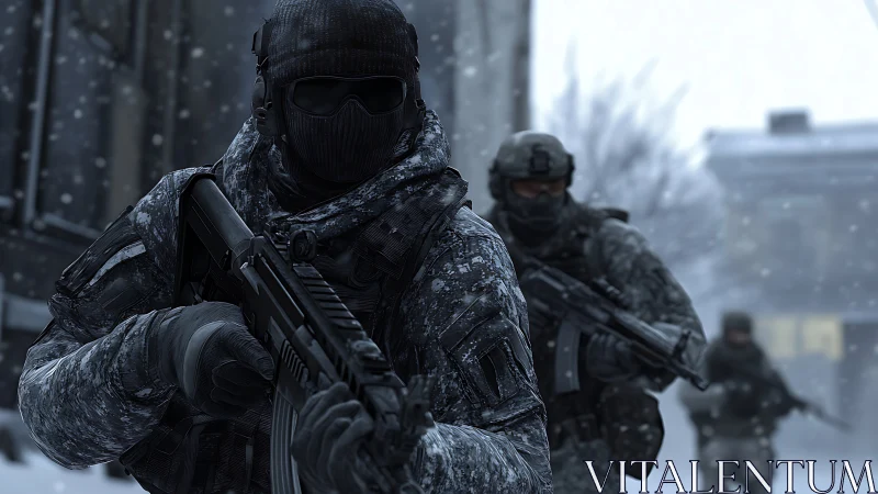 Heavily armed soldiers in winter urban combat environment.