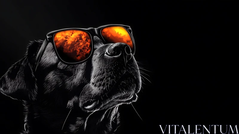 Black dog portrait with reflective fire sunglasses glow.