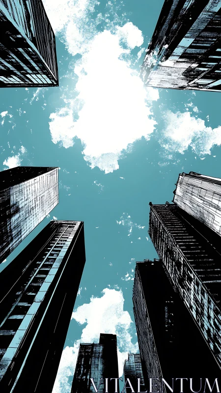 Skyward city canyon where turquoise air cuts sharp angles.