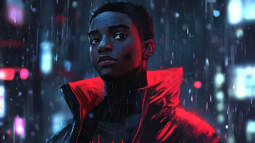 Neon city rain and a quiet young hero in red glow.