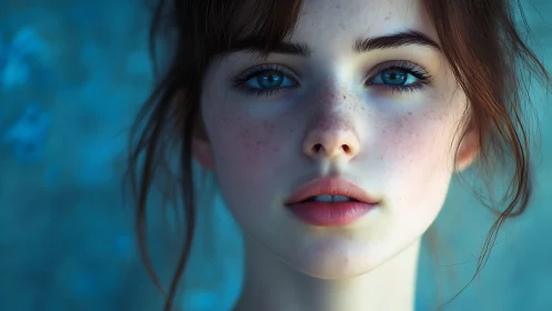 Soft blue gaze of a freckled girl in gentle daylight.