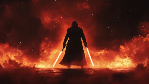 Fiery warrior stands strong with glowing blades of light