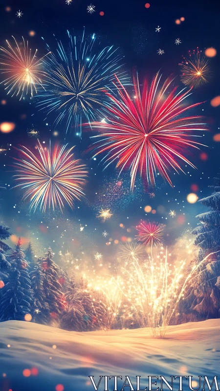 Snowfield sky ignites with jubilant winter fireworks magic.