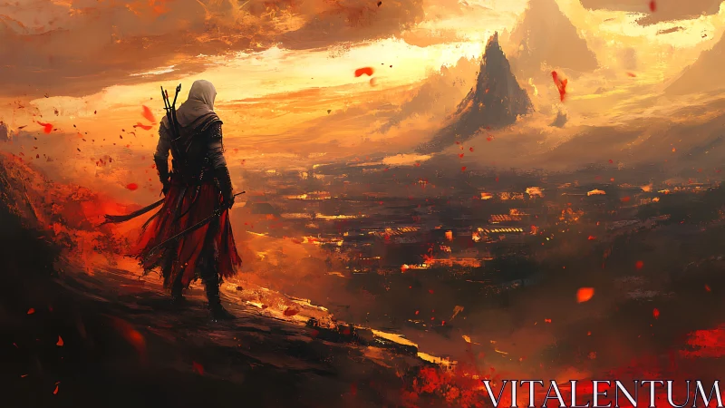 Hooded wanderer surveys emberlit valley beneath burning sky.