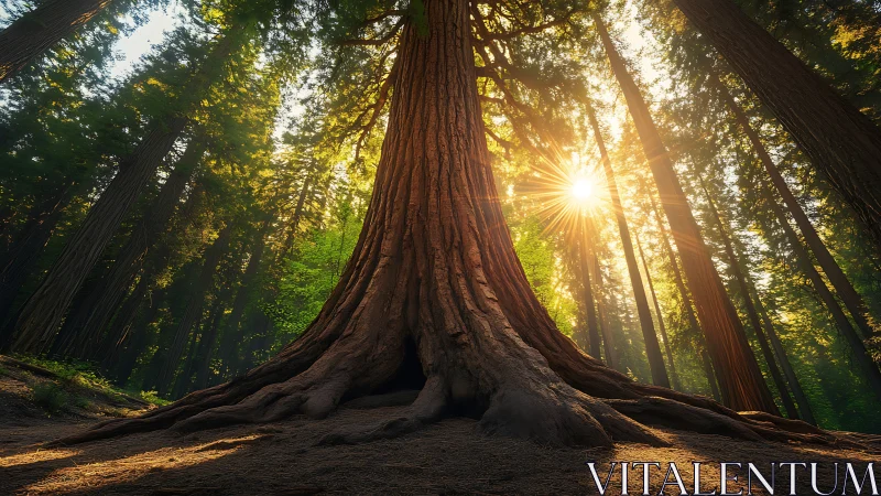 Majestic Redwood Tree in Sunlit Forest, Nature Photography Style.