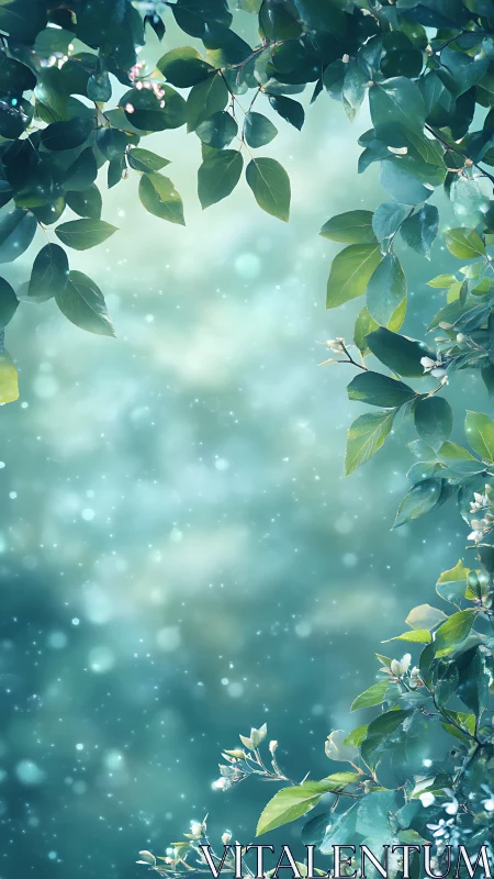 Emerald leaves frame soft teal bokeh forest light.