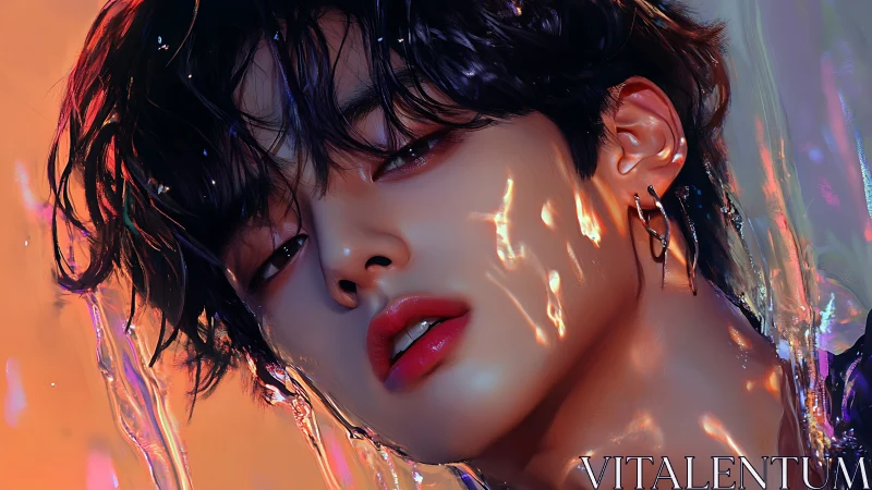 Digital portrait of androgynous figure in liquid light.