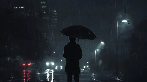 Lone figure walks under umbrella through moody city rain