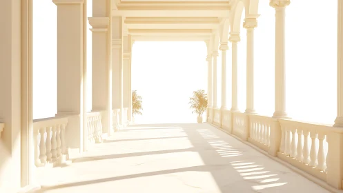 Sunlit neoclassical colonnade in soft ivory atmosphere.