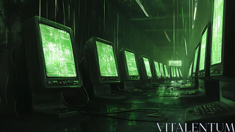 Retro terminals glow inside flooded cyber control corridor.