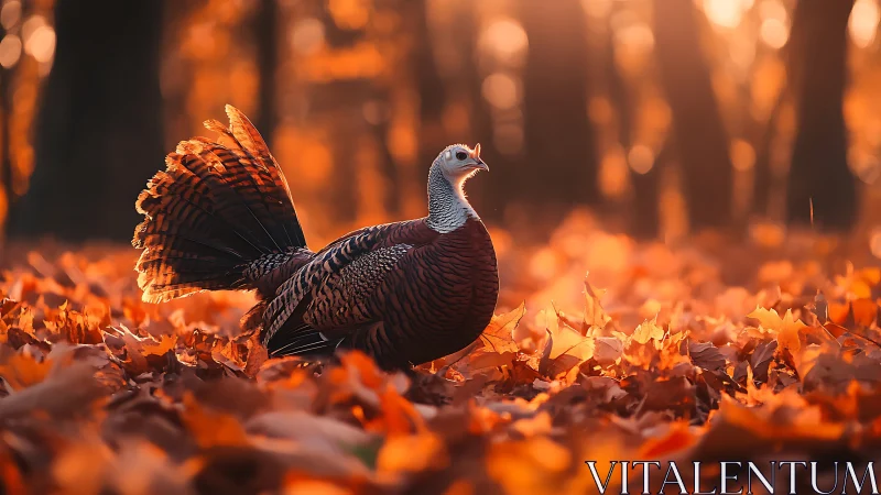 Wild turkey in backlit autumn leaf litter, high bokeh field.