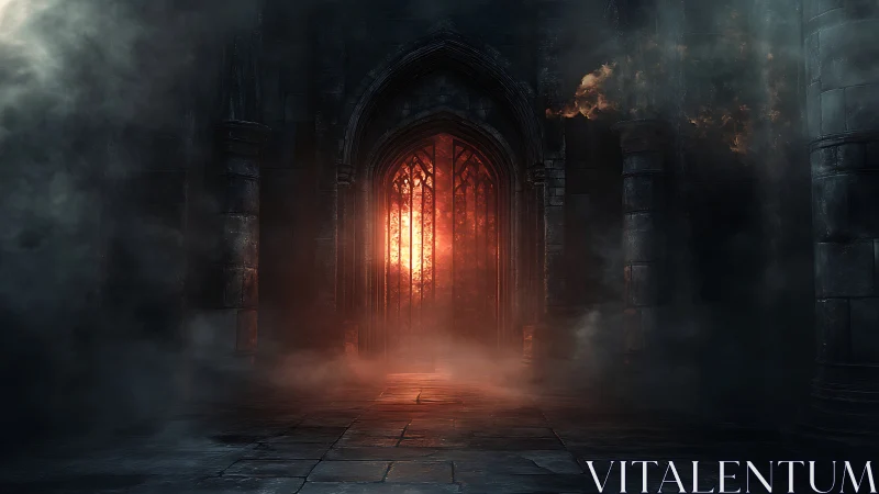 Gothic stone gate glows with infernal red light and smoke.