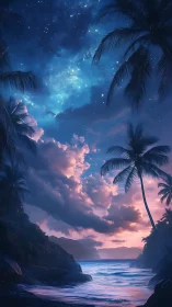 Tropical shoreline at dusk under star-filled clouded sky.