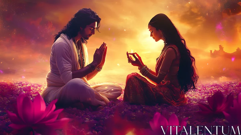 Digital painting of devotional couple in lotus field at dusk.