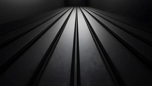 Midnight metal corridors stretch toward a vanishing glow.