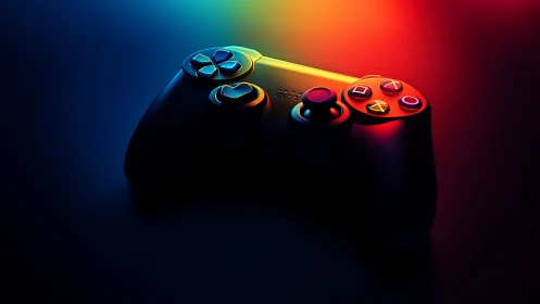 Neon Game Controller Against Rainbow Gradient Background.