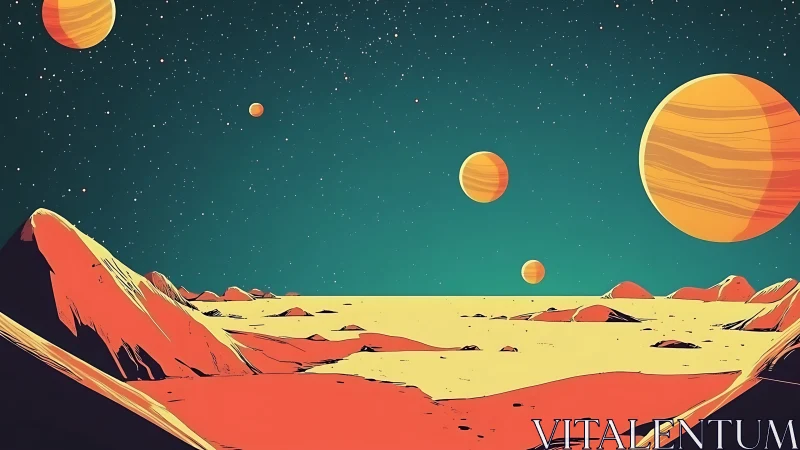 Alien desert landscape under multiple glowing planets