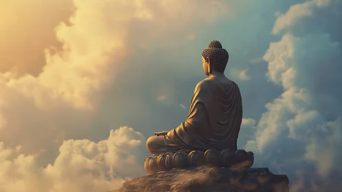 Buddha statue seated on rocky ledge amid dense cloudscape.