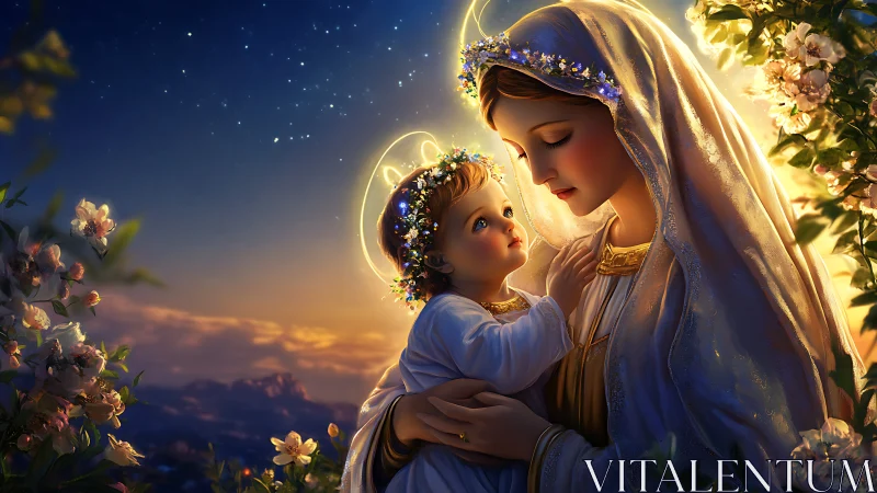 Halo-kissed mother and child beneath a twilight blossom sky.