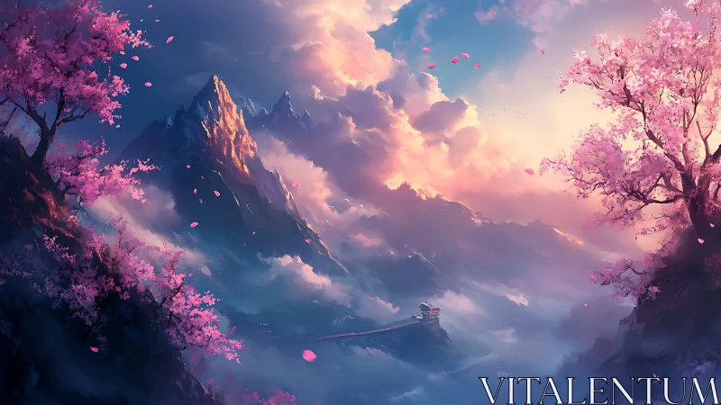 Sunlit sakura peaks rise over misty fantasy valley.