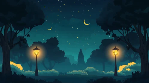 Gentle park path glows softly under a dreamy starlit sky