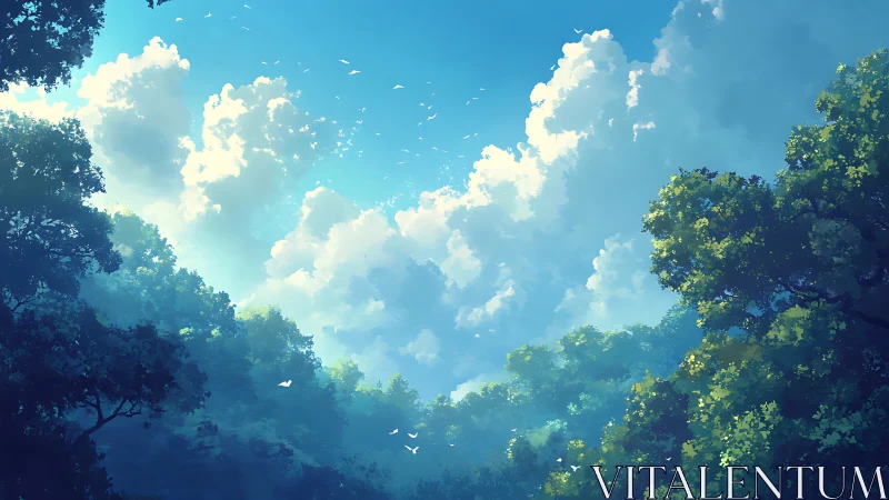 Layered atmospheric digital landscape with volumetric cloud formations and canopy silhouettes