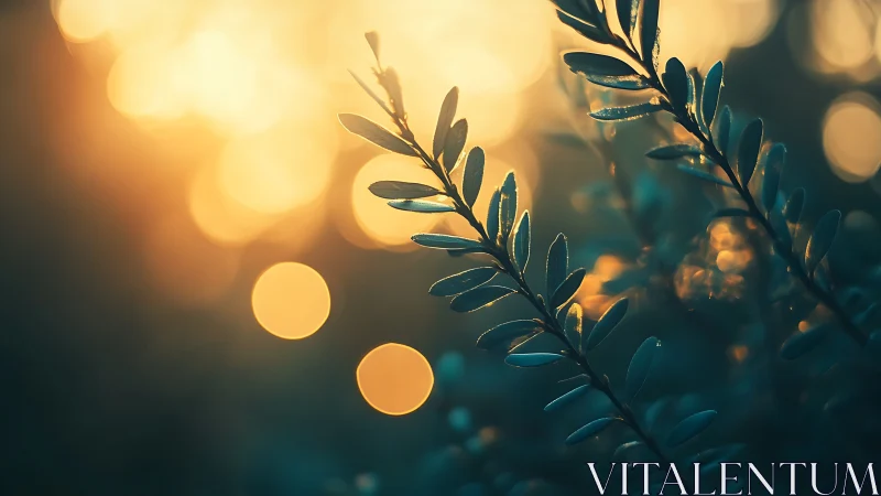 Close-up branch with leaves in dreamy sunset bokeh style.